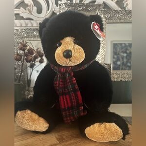 Ty Classic Plush Collection "Woodside" Black Bear Plaid Scarf 2007 RETIRED 🌲 🐻